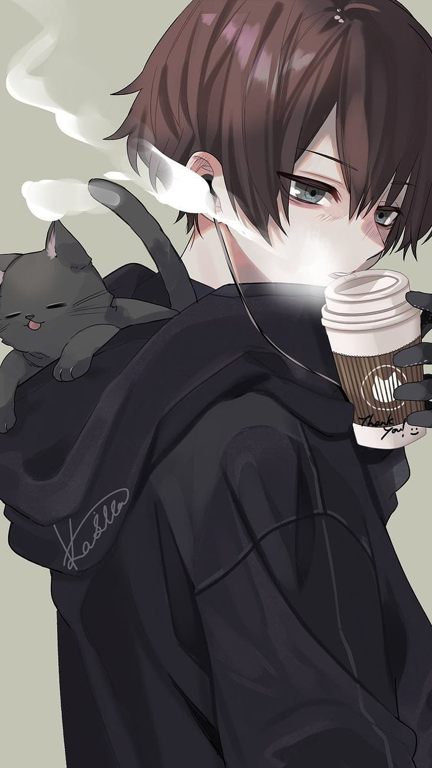 Anime Boy in Black Hoodie Sipping Coffee with Sleeping Cat on Shoulder HD phone wallpaper