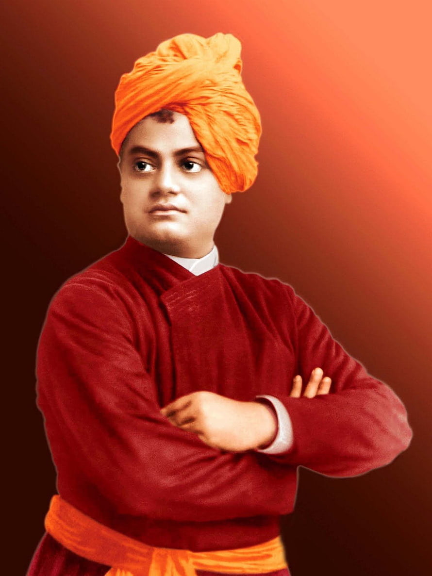 Swami Vivekananda Portrait in Traditional Red Attire and Orange Turban HD phone wallpaper