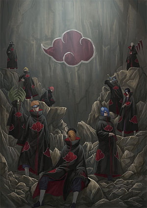 Akatsuki Members Gathered in a Rocky Canyon with Red Cloud Symbol HD phone wallpaper