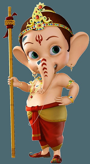 Cute 3D Baby Ganesha Holding Danda Staff With Golden Crown And Red Dhoti HD phone wallpaper
