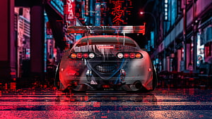 Rear View of a Toyota Supra JZA80 with Anime Face Art in a Neon Cyberpunk City HD wallpaper