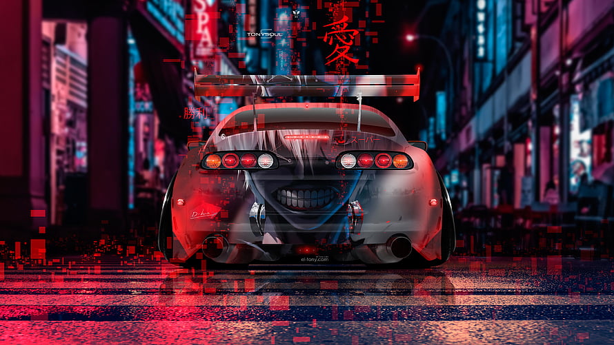Rear View of a Toyota Supra JZA80 with Anime Face Art in a Neon Cyberpunk City HD wallpaper