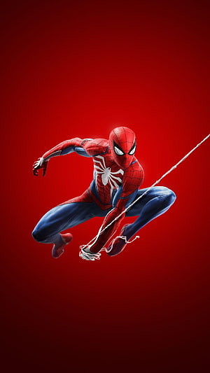 Spider-Man in Dynamic Crouched Pose Swinging on Web Against Deep Red Background, Spiderman Ps4 10k Apple Plus, #10k HD phone wallpaper