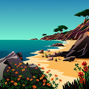Vector Art Coastal Landscape With Sandy Beach, Cliffs, And Wildflowers HD phone wallpaper