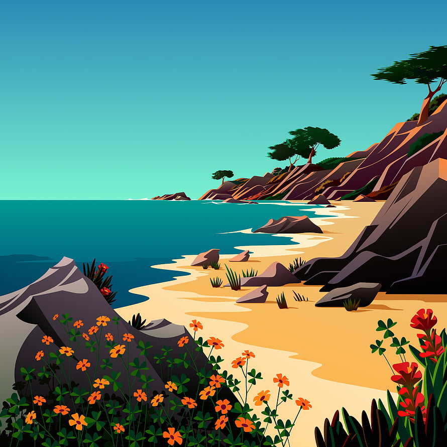Vector Art Coastal Landscape With Sandy Beach, Cliffs, And Wildflowers HD phone wallpaper