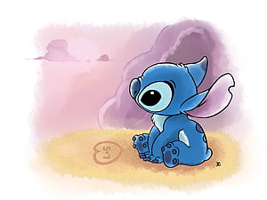 Stitch Sitting on Sand with Heart Drawing in Soft Watercolor Style HD wallpaper