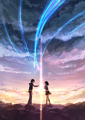 Your Name Anime Taki and Mitsuha Reaching Out Under Blue Comet HD phone wallpaper
