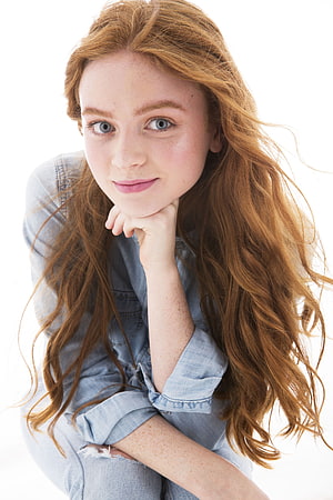 Sadie Sink Portrait in Denim with Long Red Hair and Freckles HD phone wallpaper