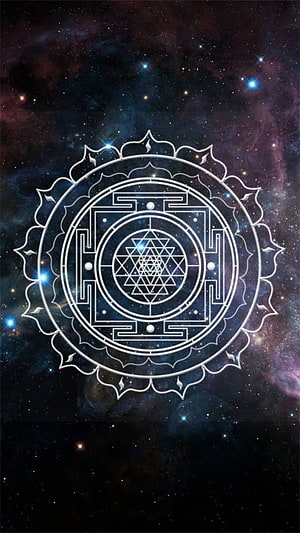 Laxmi Yantra Sacred Geometry Design Set Against a Deep Space Nebula Background HD phone wallpaper