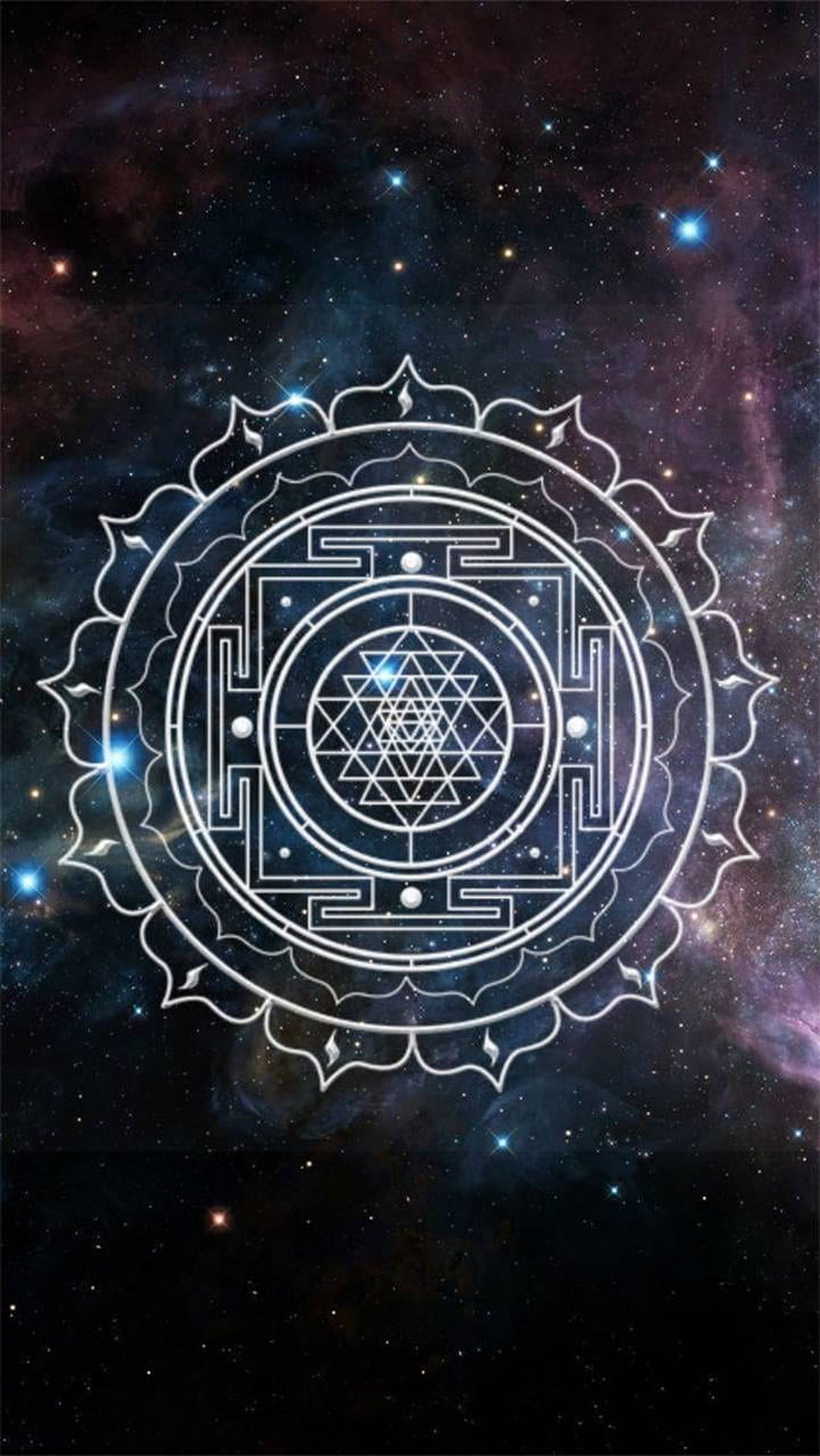 Laxmi Yantra Sacred Geometry Design Set Against a Deep Space Nebula Background HD phone wallpaper