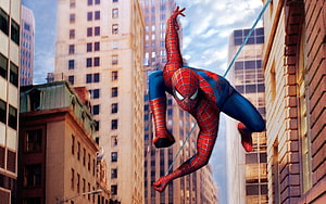 Spider-Man Swinging Through City Skyscrapers in Classic Red and Blue Suit, Spiderman Latest, #spiderman HD wallpaper