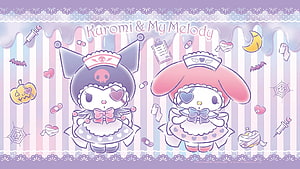 Kuromi and My Melody in cute nurse costumes with Halloween medical accessories on pastel striped background HD wallpaper