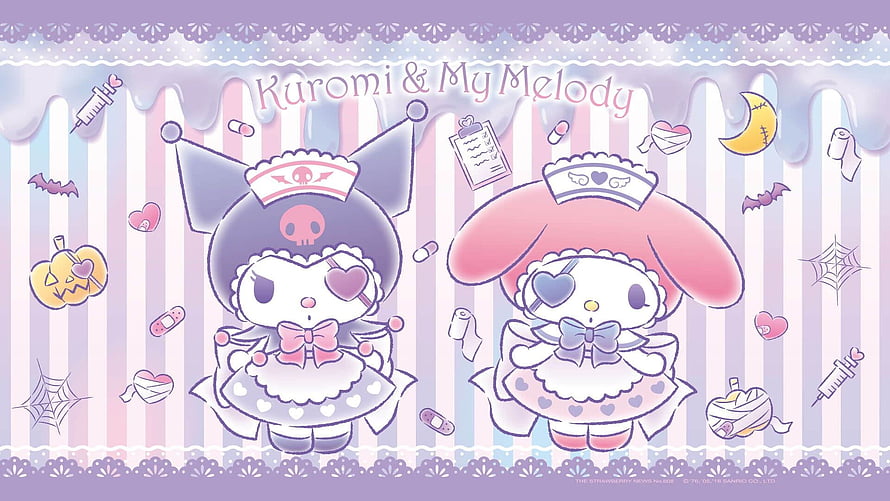 Kuromi and My Melody in cute nurse costumes with Halloween medical accessories on pastel striped background HD wallpaper