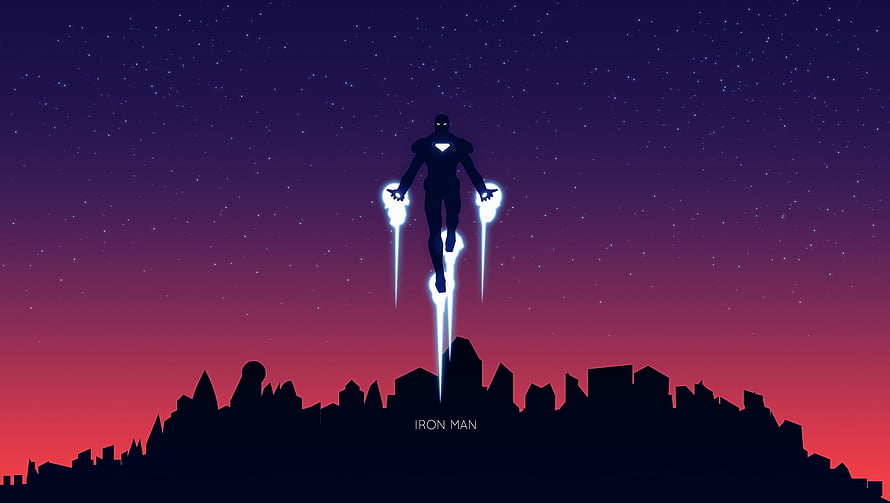 Iron Man Silhouette Hovering Over City Skyline at Dusk with Glowing Repulsors, WGP: 4 Beautiful Iron Man, iron man HD wallpaper