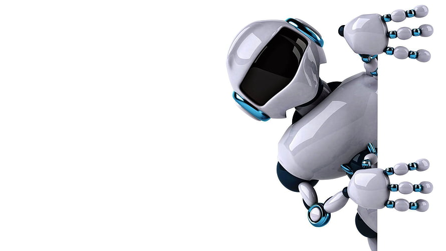 White humanoid robot with blue accents peeking from the side on a clean white background HD wallpaper