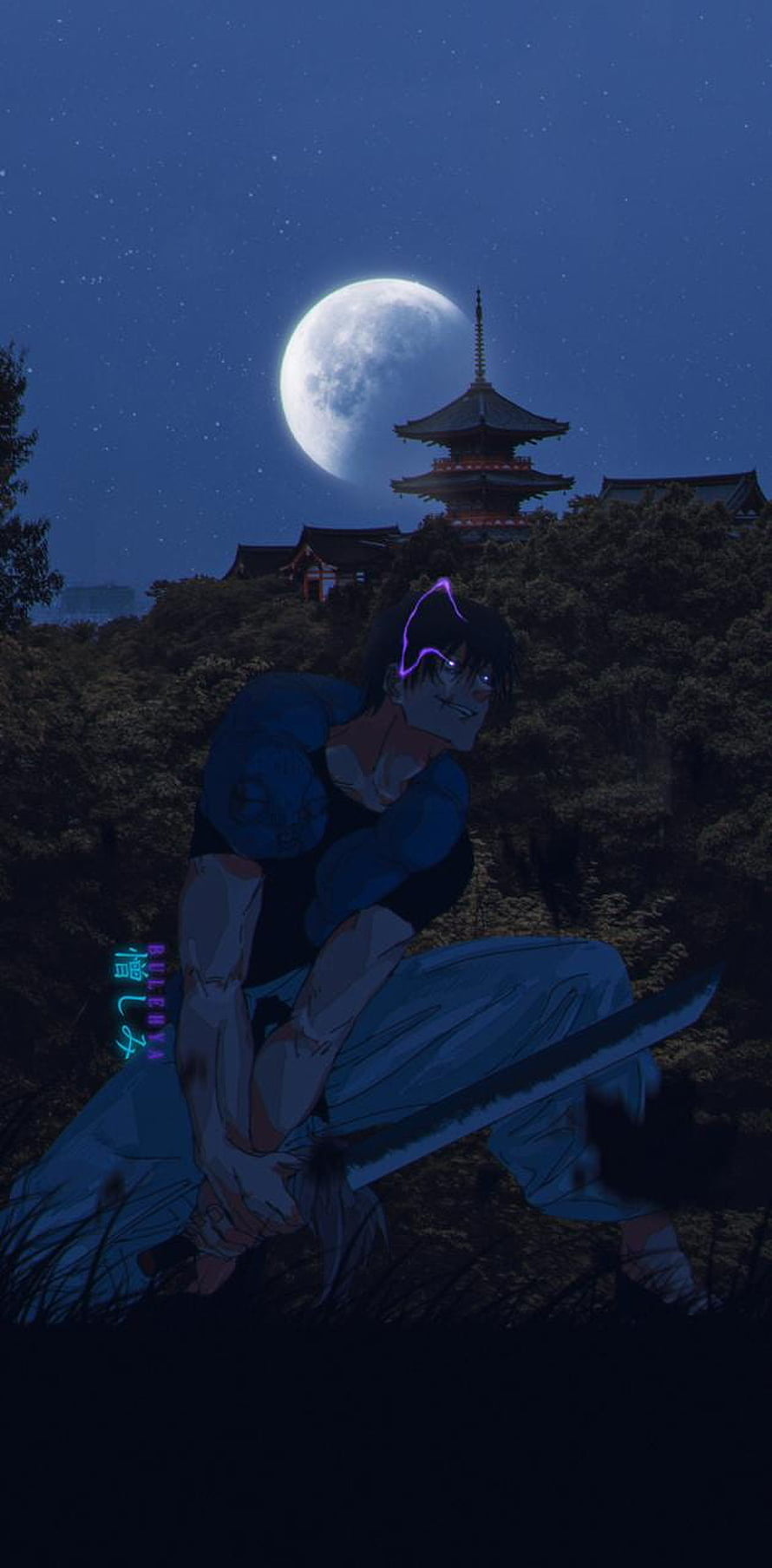 Toji Fushiguro Crouching with Katana Under a Full Moon Near a Japanese Pagoda HD phone wallpaper