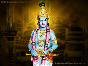Lord Krishna Playing Flute With Blue Skin And Golden Crown HD wallpaper