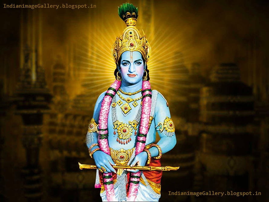 Lord Krishna Playing Flute With Blue Skin And Golden Crown HD wallpaper