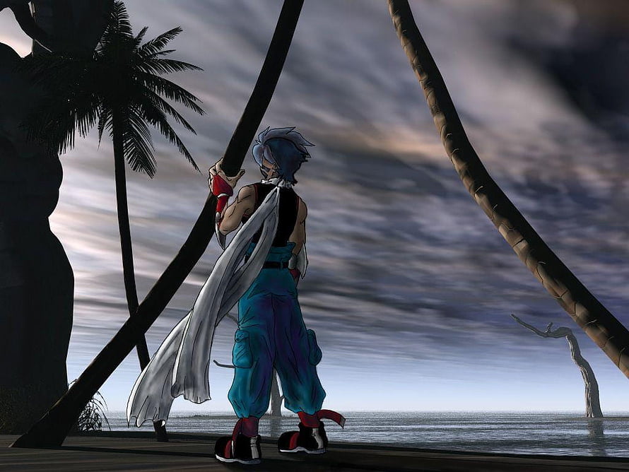 Beyblade Kai Hiwatari Standing on Tropical Shore with Palm Trees HD wallpaper