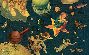 Vintage Celestial Collage With Angels, Planets, and Astronomical Instruments HD wallpaper