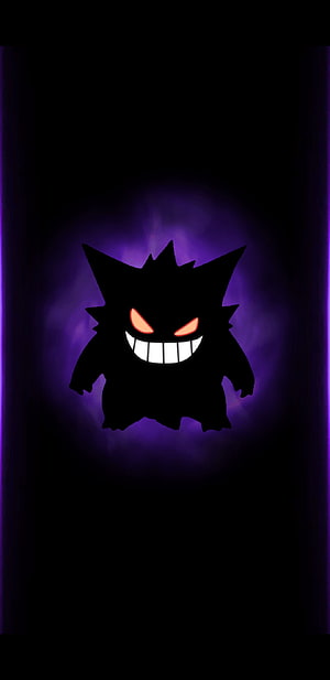Gengar Silhouette with Glowing Red Eyes and Purple Aura HD phone wallpaper