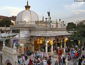 Dargah Sharif Ajmer Sharif Mosque with white marble dome and golden spire surrounded by devotees HD wallpaper