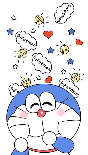 Cute Doraemon Cartoon Illustration with Stars, Hearts, and Clouds on White Background HD phone wallpaper