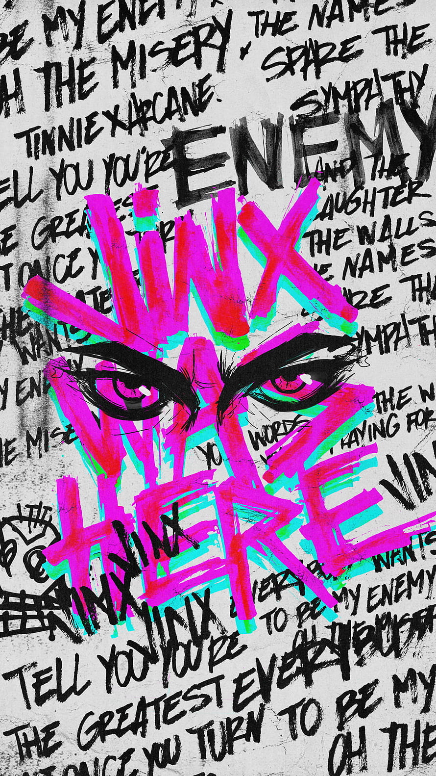 Jinx Arcane League of Legends Graffiti Artwork with Pink and Cyan Text Overlay HD phone wallpaper