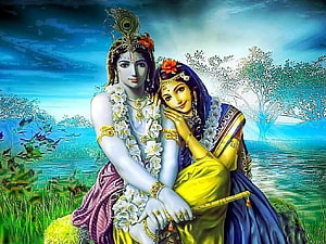 Radha Krishna Digital Art with Peacock Crown and Flute in Serene Landscape HD wallpaper