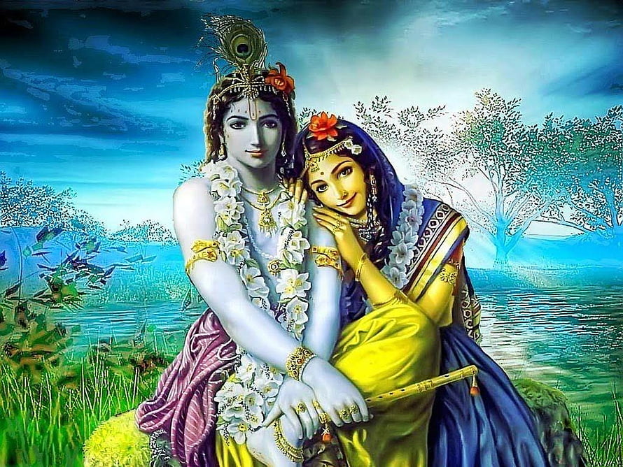 Radha Krishna Digital Art with Peacock Crown and Flute in Serene Landscape HD wallpaper