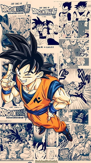 Goku in Orange Gi with Dragon Ball Super Manga Panels Background HD phone wallpaper