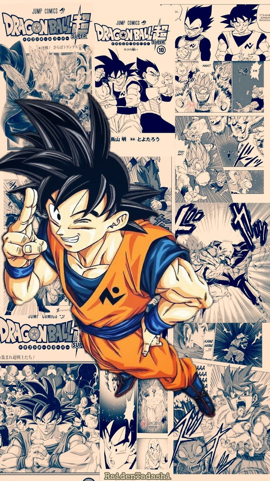 Goku in Orange Gi with Dragon Ball Super Manga Panels Background HD phone wallpaper
