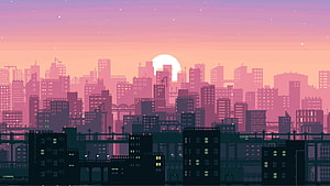 Retro 8-Bit Pixel Art Cityscape at Sunset with Neon Skyline and Rising Sun HD wallpaper