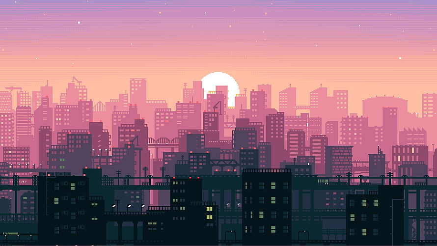 Retro 8-Bit Pixel Art Cityscape at Sunset with Neon Skyline and Rising Sun HD wallpaper