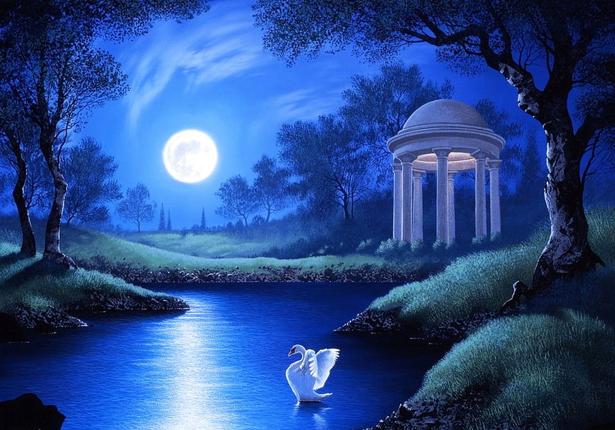 Serene Night Landscape With White Swan, Moonlit River, and Classical Stone Temple HD wallpaper