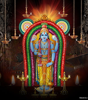 Lord Vishnu Standing Under Flower Arch With Hanging Oil Lamps HD phone wallpaper