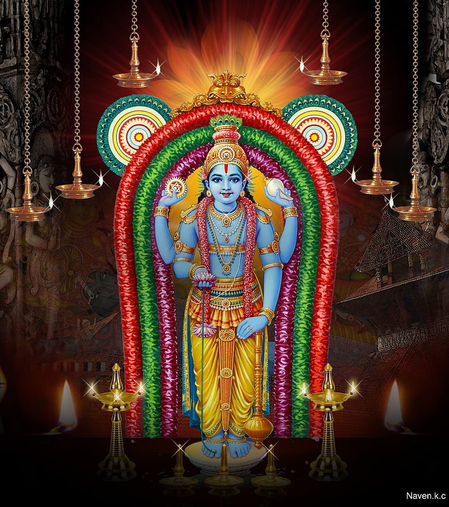 Lord Vishnu Standing Under Flower Arch With Hanging Oil Lamps HD phone wallpaper