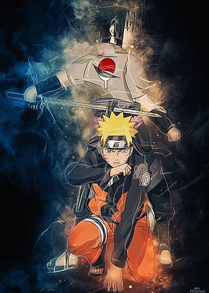 Naruto and Sasuke in Dynamic Combat Pose with Chakra Energy and Swords HD phone wallpaper