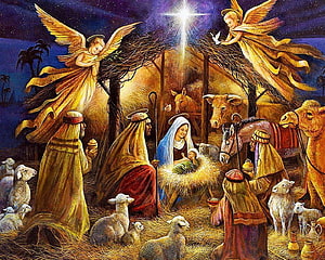 Traditional Nativity Scene with Mary, Joseph, Baby Jesus, Angels, and Wise Men in a Stable HD wallpaper