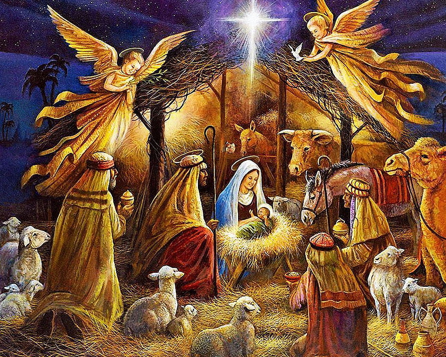Traditional Nativity Scene with Mary, Joseph, Baby Jesus, Angels, and Wise Men in a Stable HD wallpaper