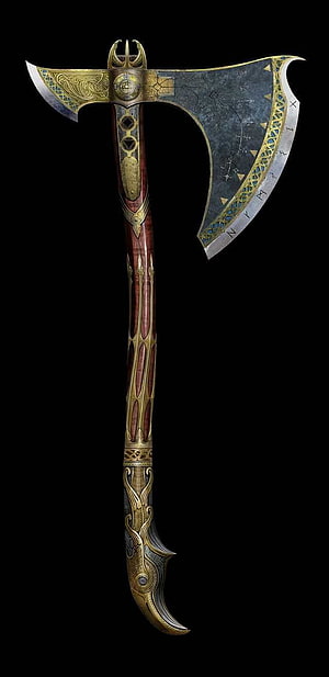 Leviathan Axe from God of War with ornate gold inlays and Norse runes on a black background HD phone wallpaper