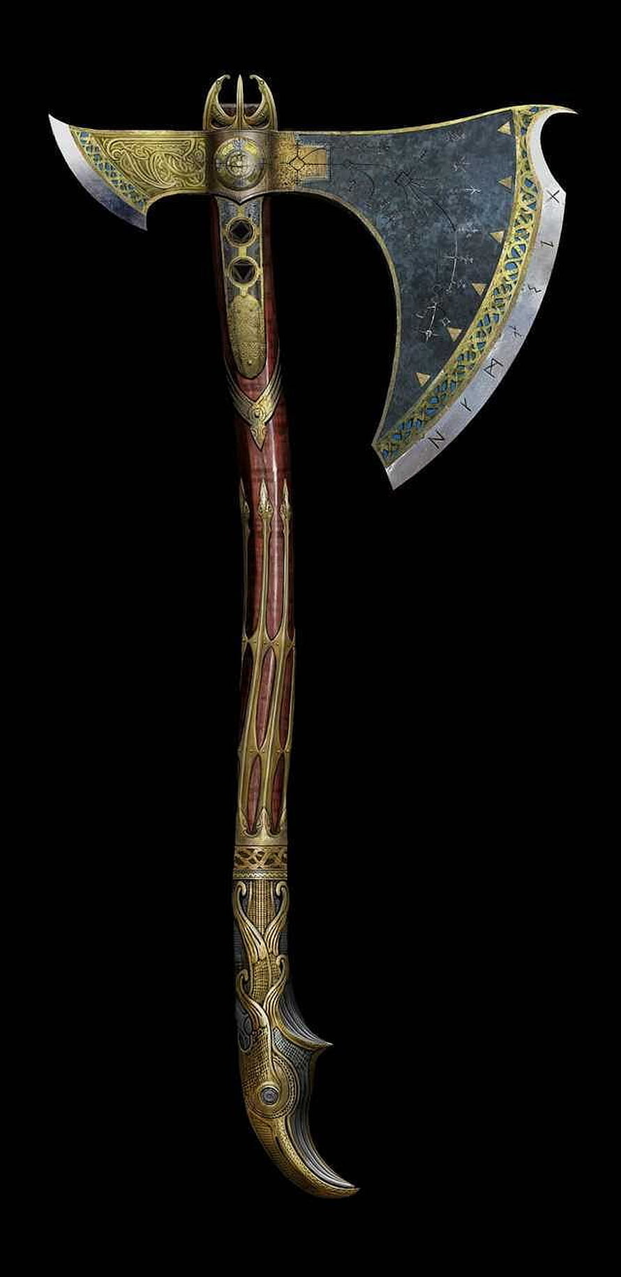 Leviathan Axe from God of War with ornate gold inlays and Norse runes on a black background HD phone wallpaper