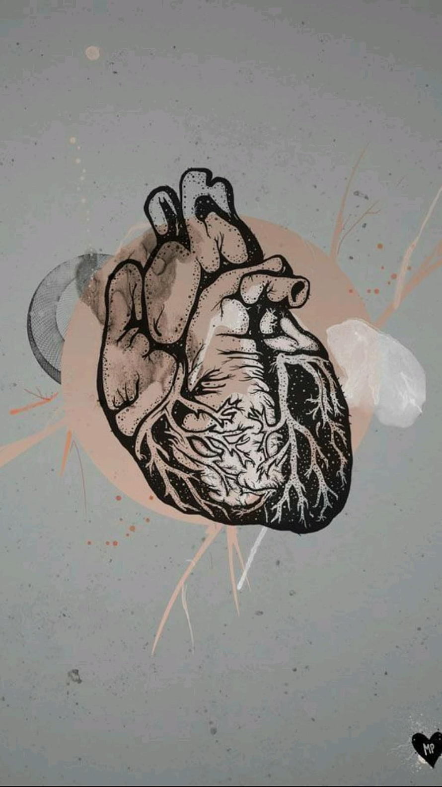 Anatomical Heart Illustration with Ink and Watercolor Textures on Muted Background HD phone wallpaper