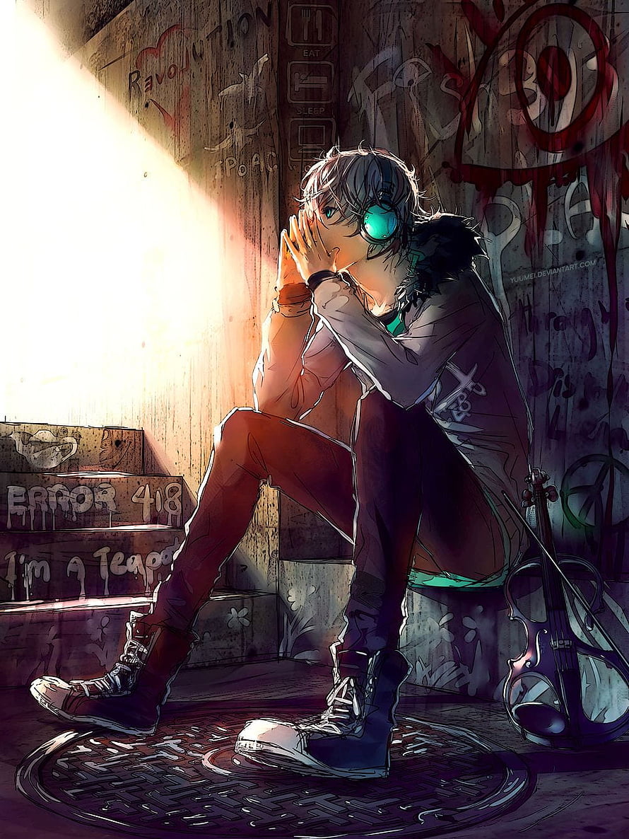 Anime Boy With Violin Sitting In Graffiti Alleyway HD phone wallpaper