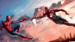 Spider-Man and Iron Man Flying Through a Dramatic Sunset Sky Over a City Skyline, Spider Man And Iron Man HD wallpaper