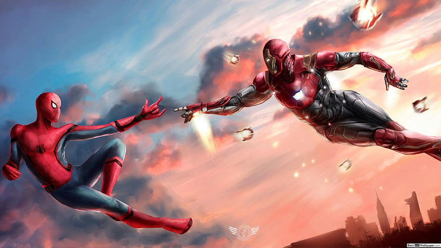 Spider-Man and Iron Man Flying Through a Dramatic Sunset Sky Over a City Skyline, Spider Man And Iron Man HD wallpaper