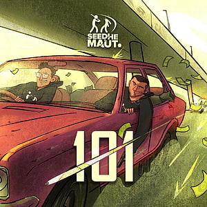 Seedhe Maut 101 Animated Illustration of Two Men in a Red Car with Flying Money HD phone wallpaper