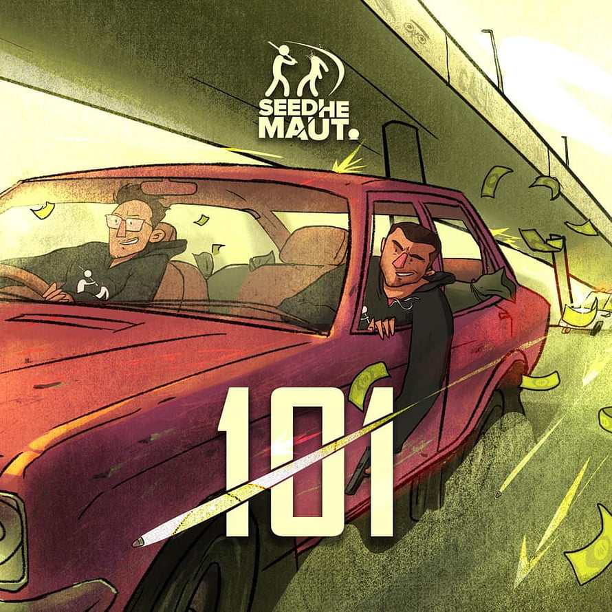 Seedhe Maut 101 Animated Illustration of Two Men in a Red Car with Flying Money HD phone wallpaper