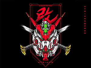 Gundam Astray Red Frame Mecha Head Illustration with Crossed Blades HD wallpaper