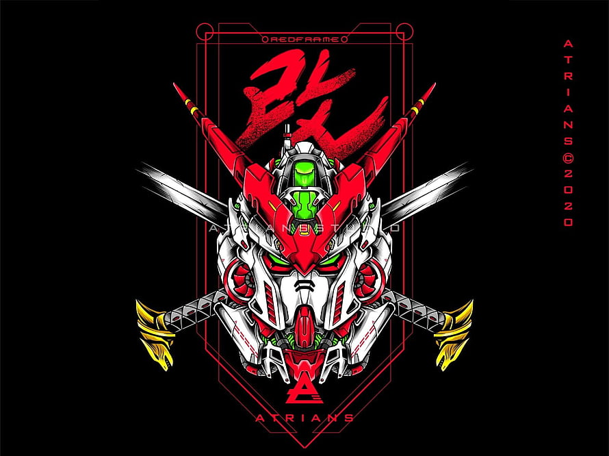 Gundam Astray Red Frame Mecha Head Illustration with Crossed Blades HD wallpaper